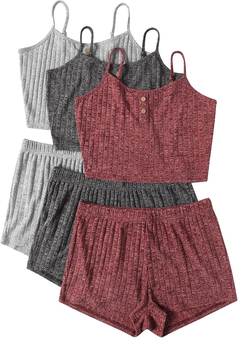 Ekouaer 3 Sets for Women Ribbed Pajamas Crop Cami Top and Shorts Pjs Casual Sleeveless Button Lou... | Amazon (US)