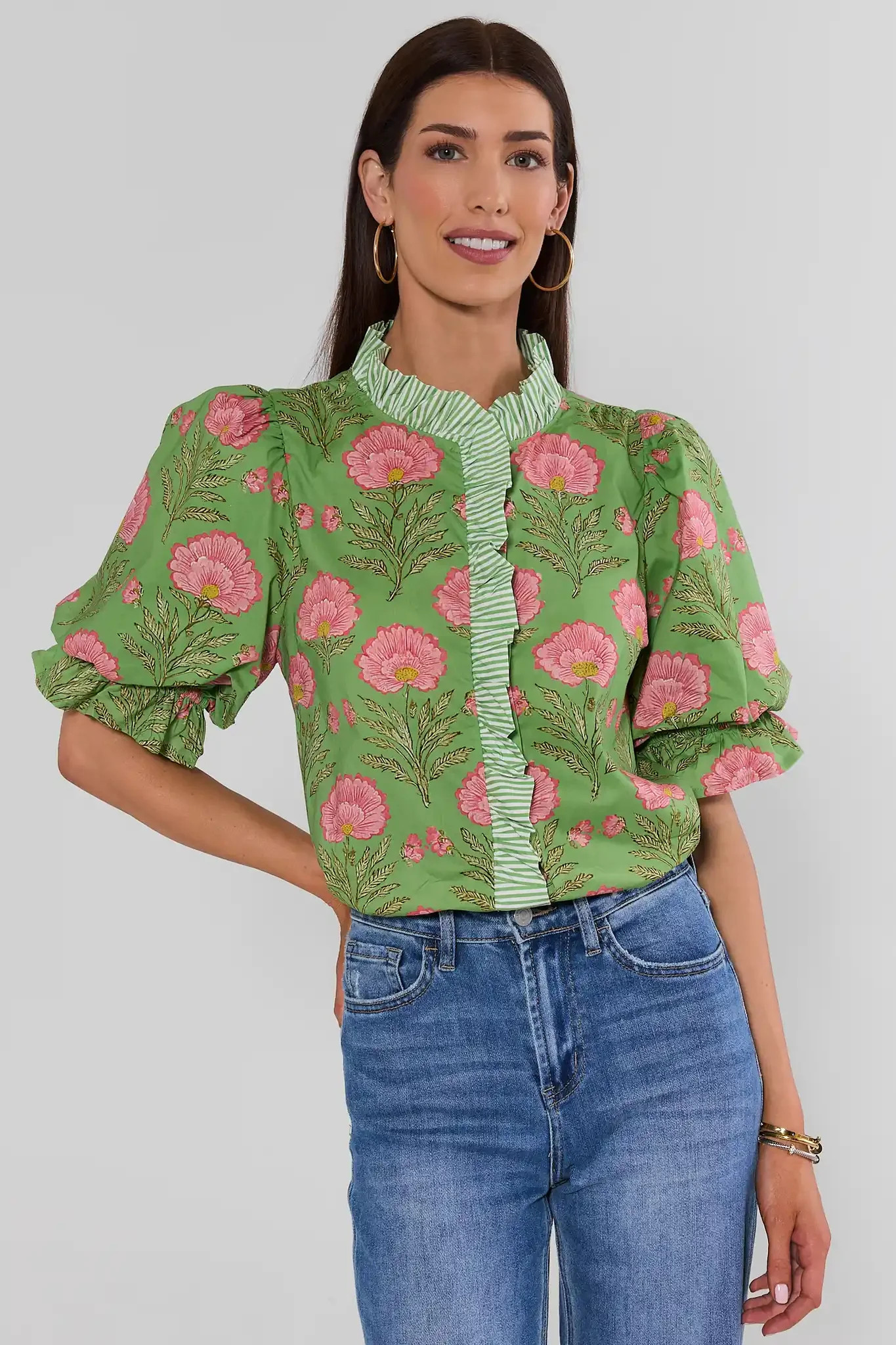 Green Floral Print Contrast Trim Top | Avara