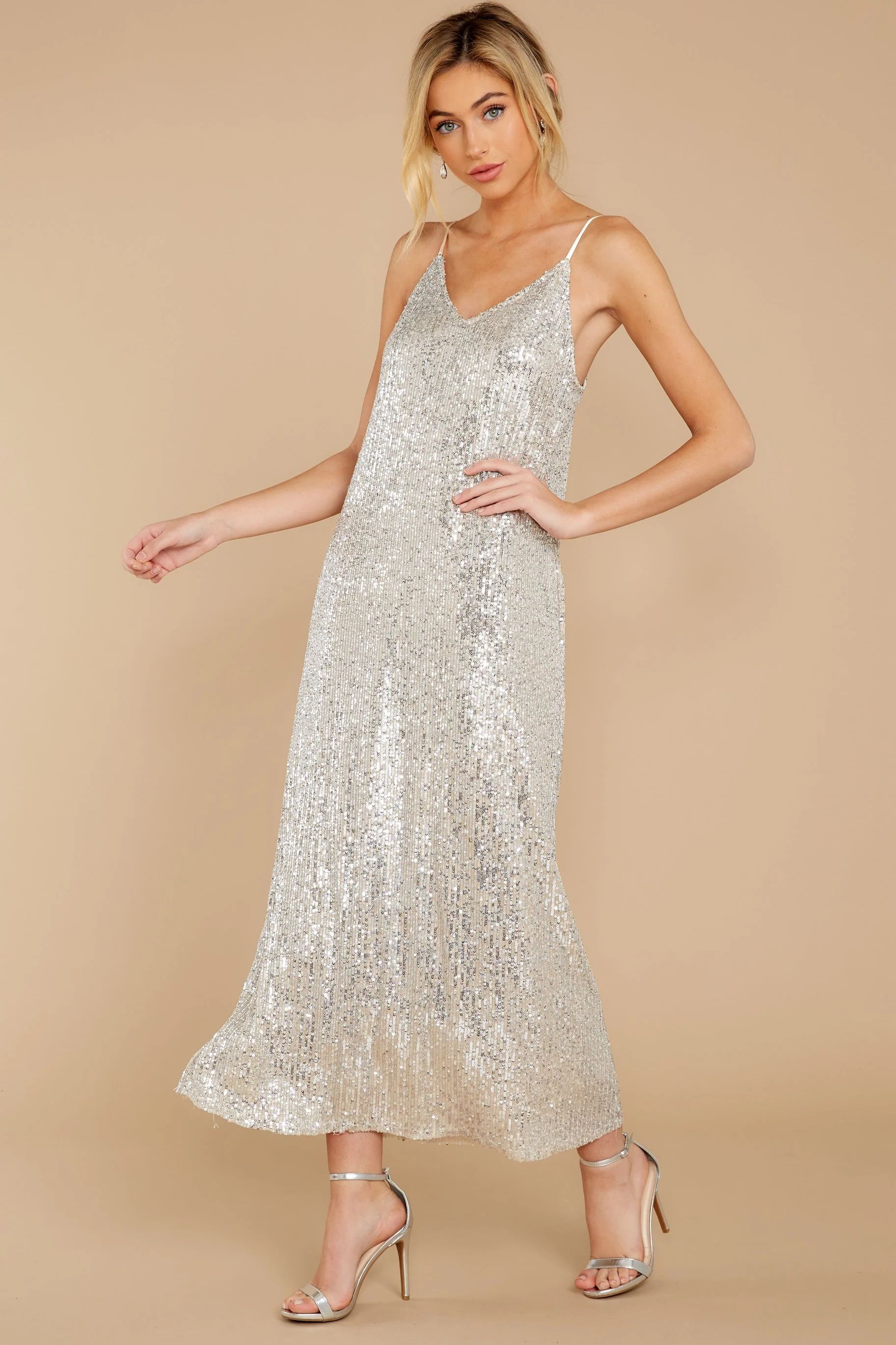 You'd Be Surprised Champagne Sequin Maxi Dress | Red Dress 
