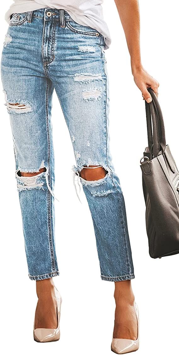 MINGALONDON Womens Ripped Boyfriend Jeans Mid Waisted Distressed Stretchy Denim Pants | Amazon (US)