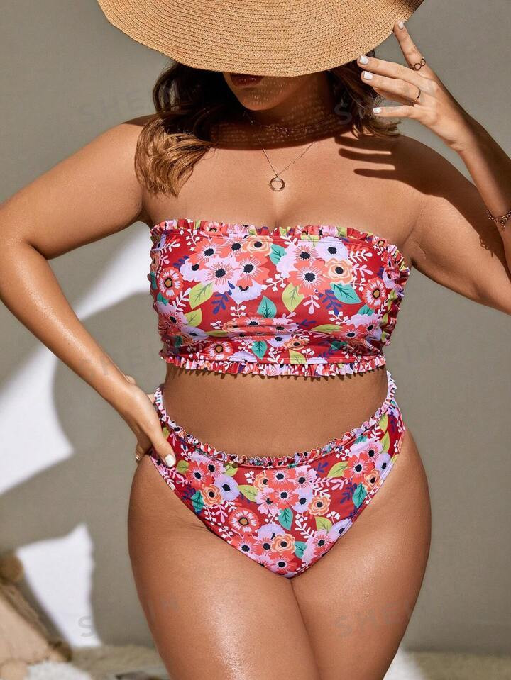 SHEIN Swim Curve Summer Beach Plus Size Floral Print Frill Trim Bandeau Bikini Set | SHEIN