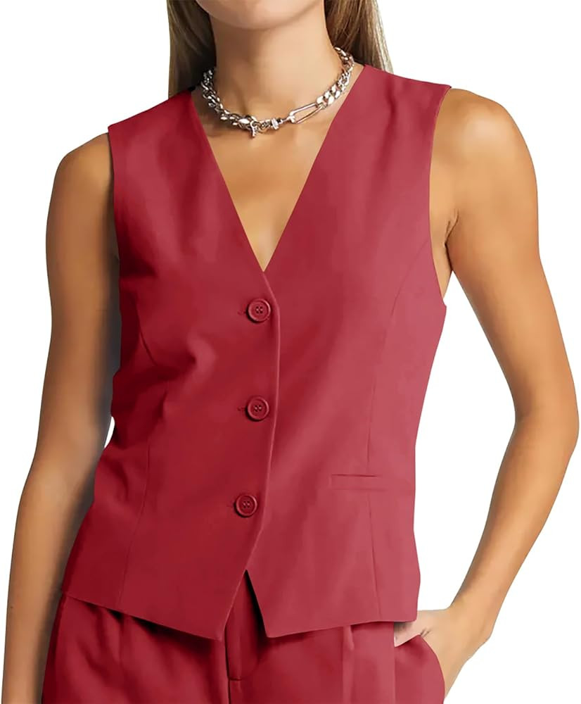 GAMISOTE Women Buttons Vest Crop Vintage Sleeveless V Neck Elastic Chiffon Waistcoat | Amazon (US)