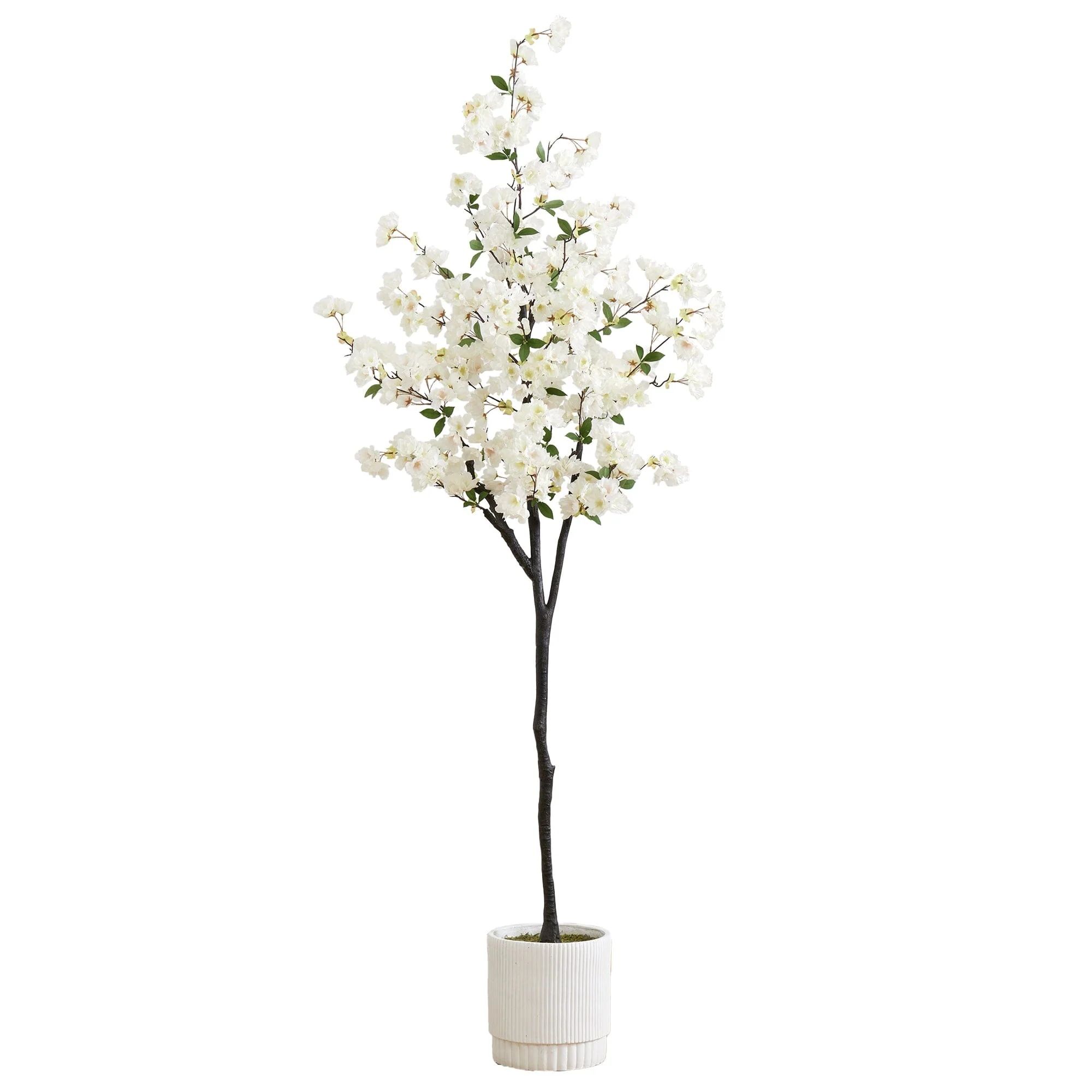 6’ Artificial Cherry Blossom Tree with White Decorative Planter | Nearly Natural | Nearly Natural