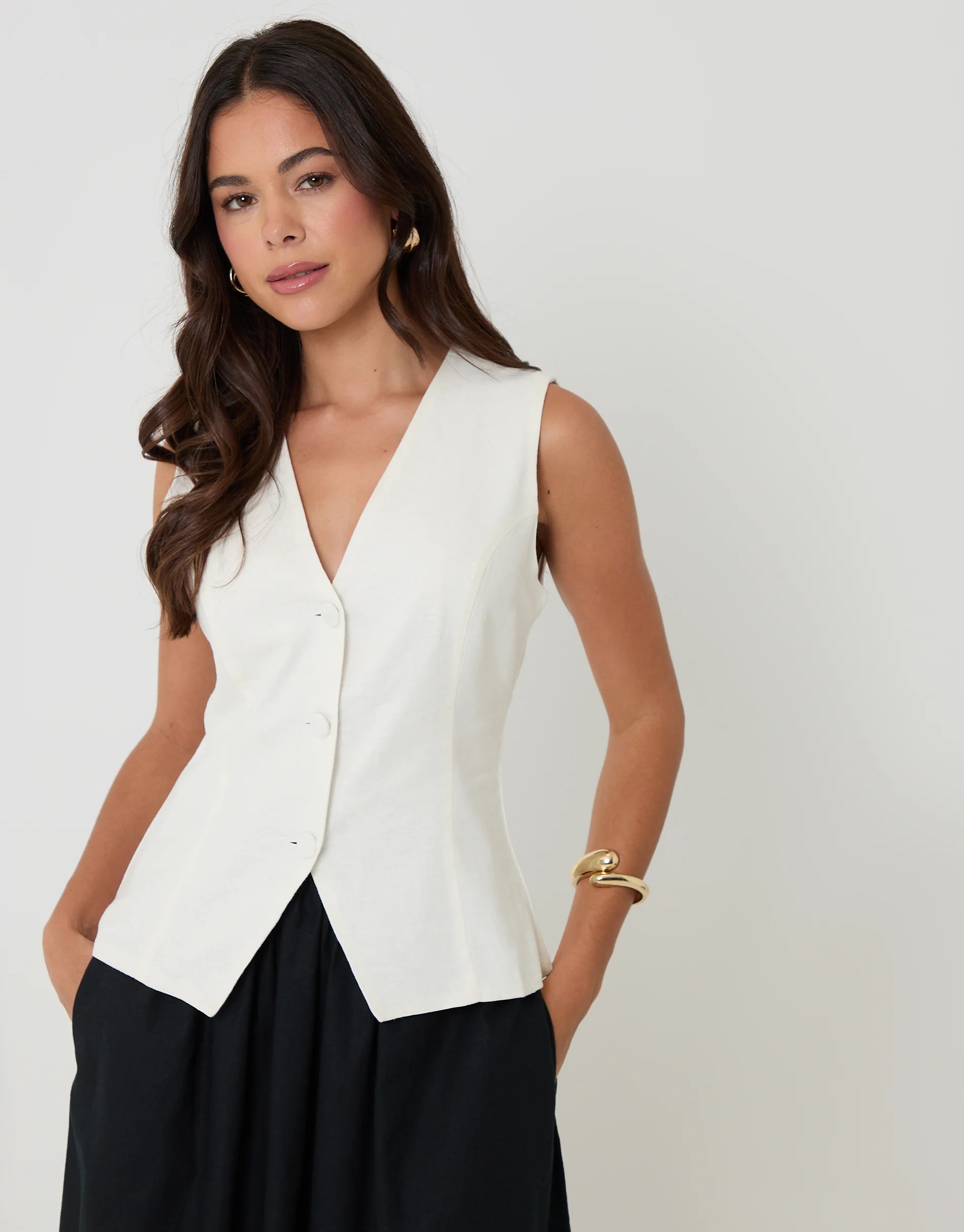 White Linen Blend V-Neck Waistcoat | Threadbare