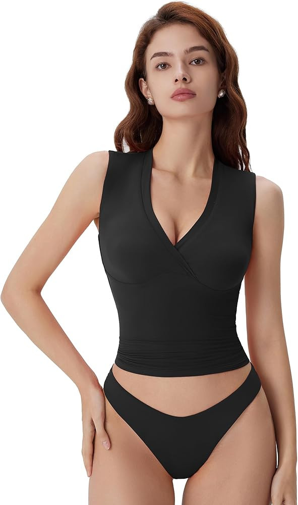 SUUKSESS Women Built in Bra V Neck Tank Tops Double Lined Summer Going Out Camisole Tops | Amazon (US)