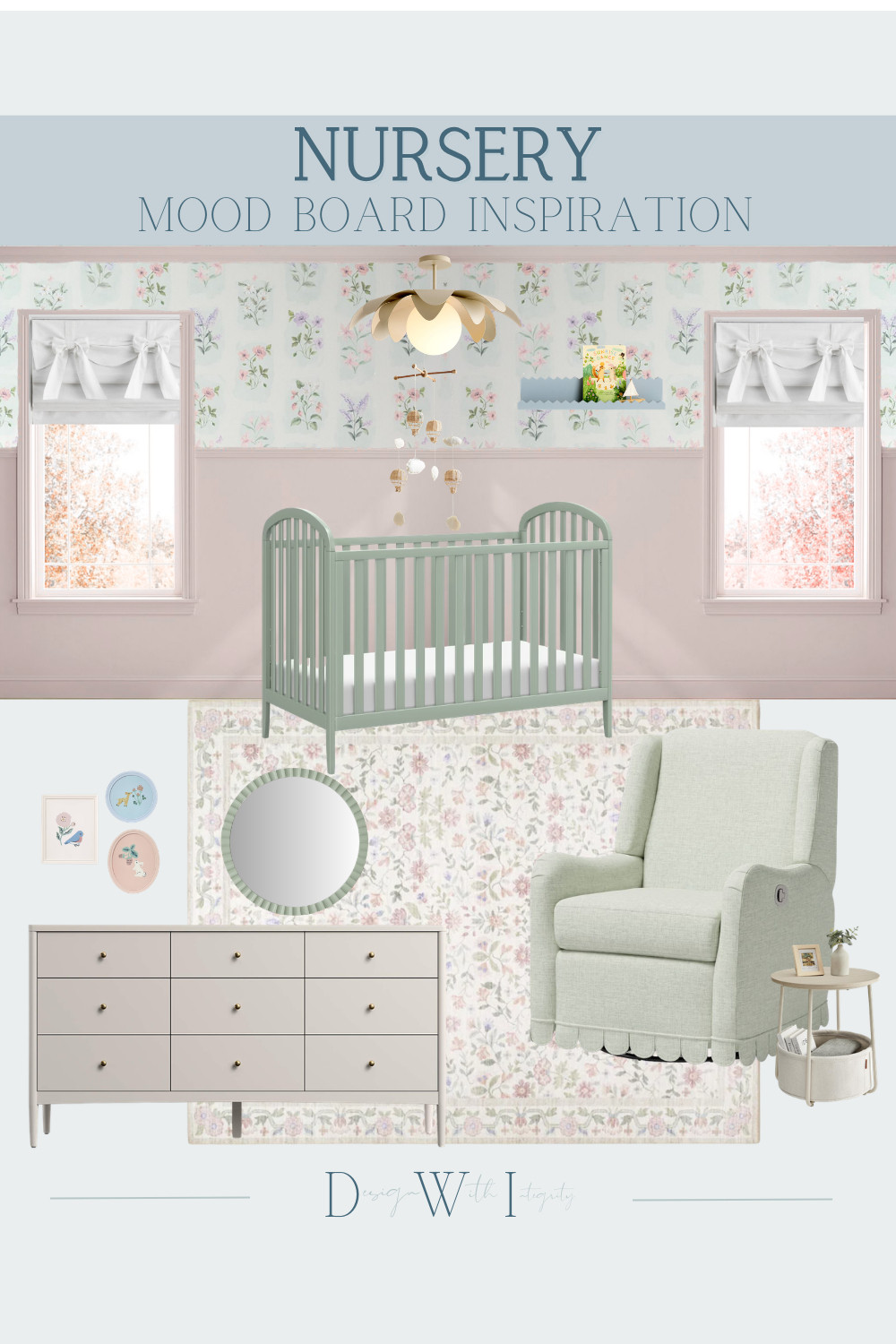 This nursery mood board is all about soft layering and timeless color palettes. The muted sage green crib paired with blush floral wallpaper creates the perfect balance of calming and playful, while the textured rug and tailored upholstery add warmth and sophistication. I love mixing vintage inspired details with functional nursery staples to create a space that feels elevated but still cozy enough for everyday life. Tap through to shop the nursery furniture, lighting, decor, and styling pieces featured in this design.

#nurseryinspiration
#sagegreennursery
#babyroomideas
#floralnursery
#nurserymoodboard

sage green nursery
floral nursery decor
baby girl nursery
vintage nursery inspiration
nursery furniture
soft pastel nursery
nursery decor ideas
green crib nursery 

 #LTKHome