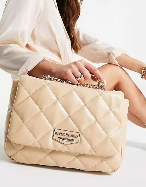River Island faux leather quilted chain shoulder bag in beige | ASOS (Global)