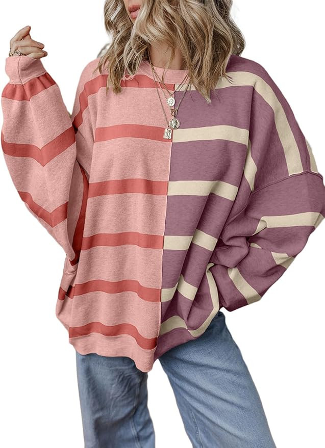 EVALESS Womens Striped Sweater Pullover Crew Neck Long Sleeve Cable Knitted Color Block Casual Lo... | Amazon (US)
