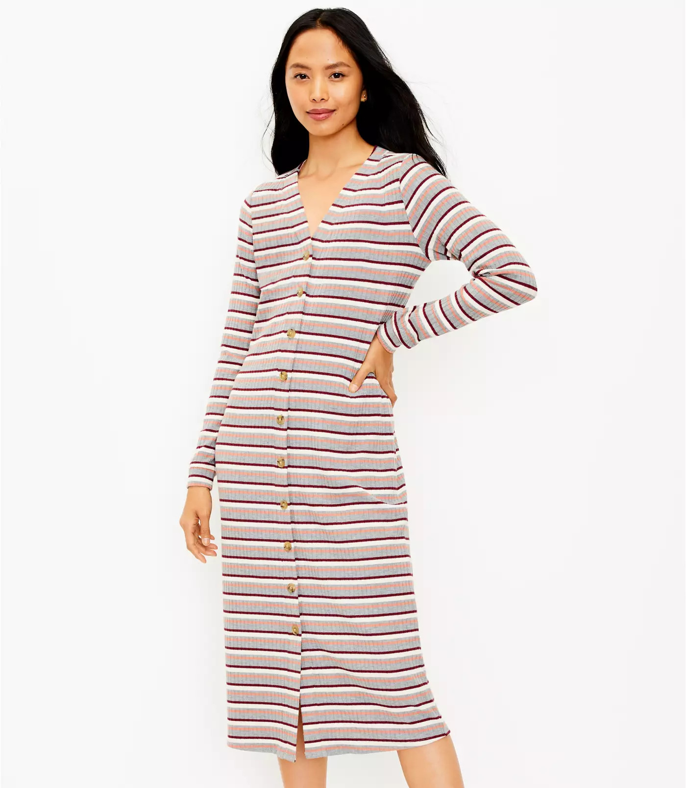 Stripe Ribbed Button Midi Dress | LOFT