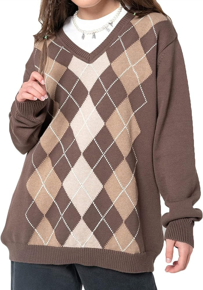 Women Argyle Plaid Sweater Pullover Long Sleeve Preppy England Style Y2K E-Girl Autumn Winter Swe... | Amazon (US)