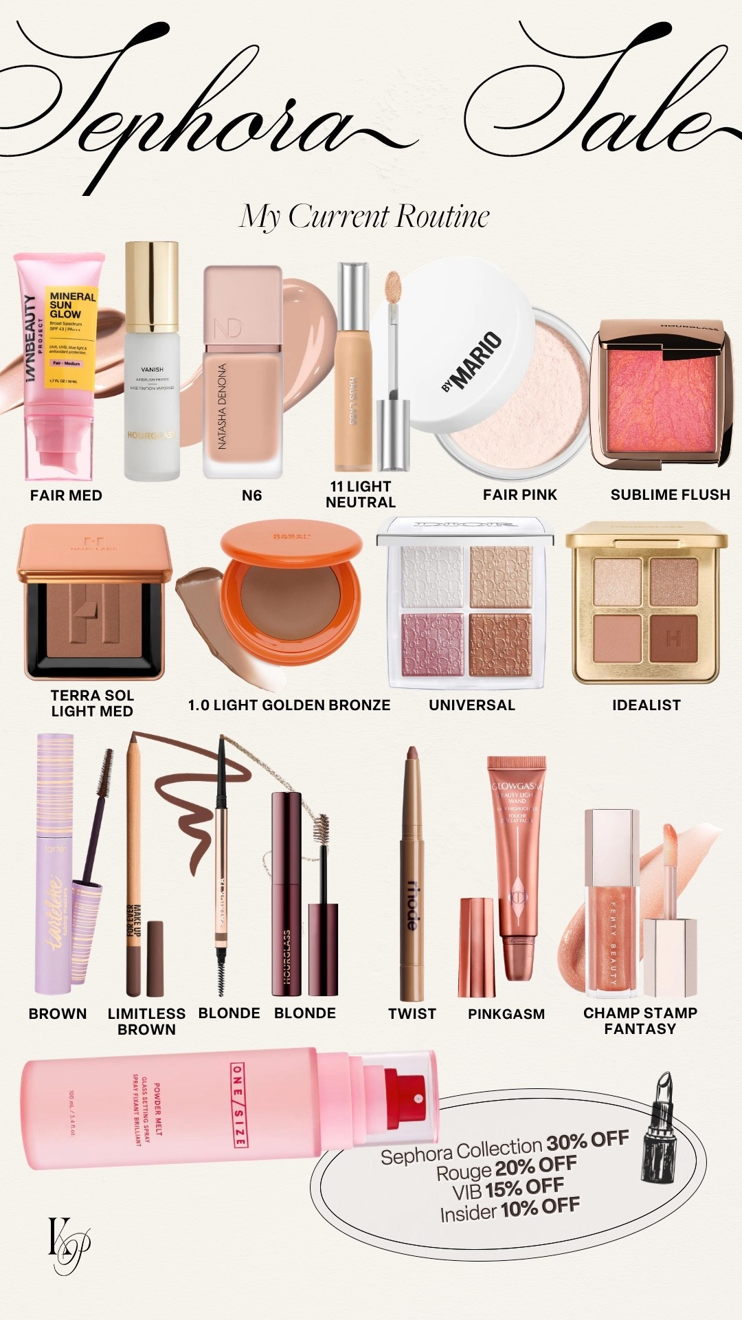 Last day of the Sephora Savings Event! Use code SPRINGSALE to get anywhere from 10-20% savings on your purchase and 30% of Sephora Collection items!

Shades:
SPF - fair medium
Liquid foundation - N6
Concealer - 11 light neutral 
Setting powder - fair pink 
Blush - sublime flush
Face palette - universal 
Bronzer - 1.0 light golden bronze 
Powder bronzer - terra sol light med
Powder eyeshadow - idealist
Mascara - brown
Eye pencil - limitless brown 
Brown pencil & gel - blonde
Gloss - champ stamp fantasy
Lip liner/stain - twist
Lip stick  - pinkgasm

#kathleenpost

Current makeup faves, beauty faves, lip combo, eye combo, full face makeup, everyday wear makeup

 #LTKselfcare #LTKBeauty #LTKgrwm