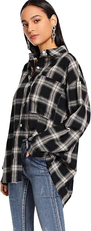 SweatyRocks Women's Long Sleeve Collar Long Button Down Plaid Shirt Blouse Tops | Amazon (US)