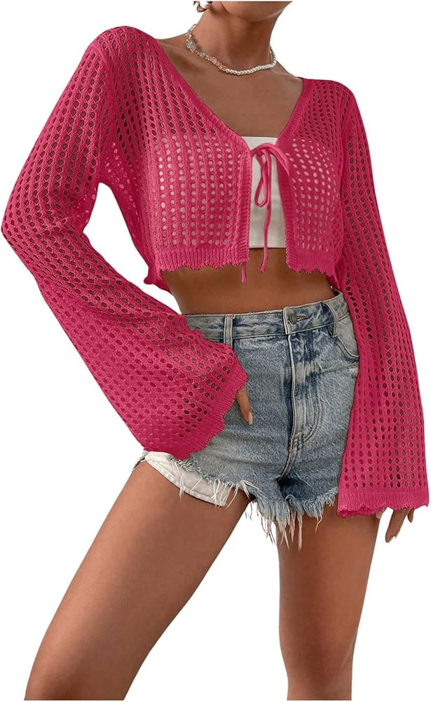 SHENHE Women's Tie Front Tops Bell Long Sleeve Knit Crochet Cardigan Crop Top | Amazon (US)