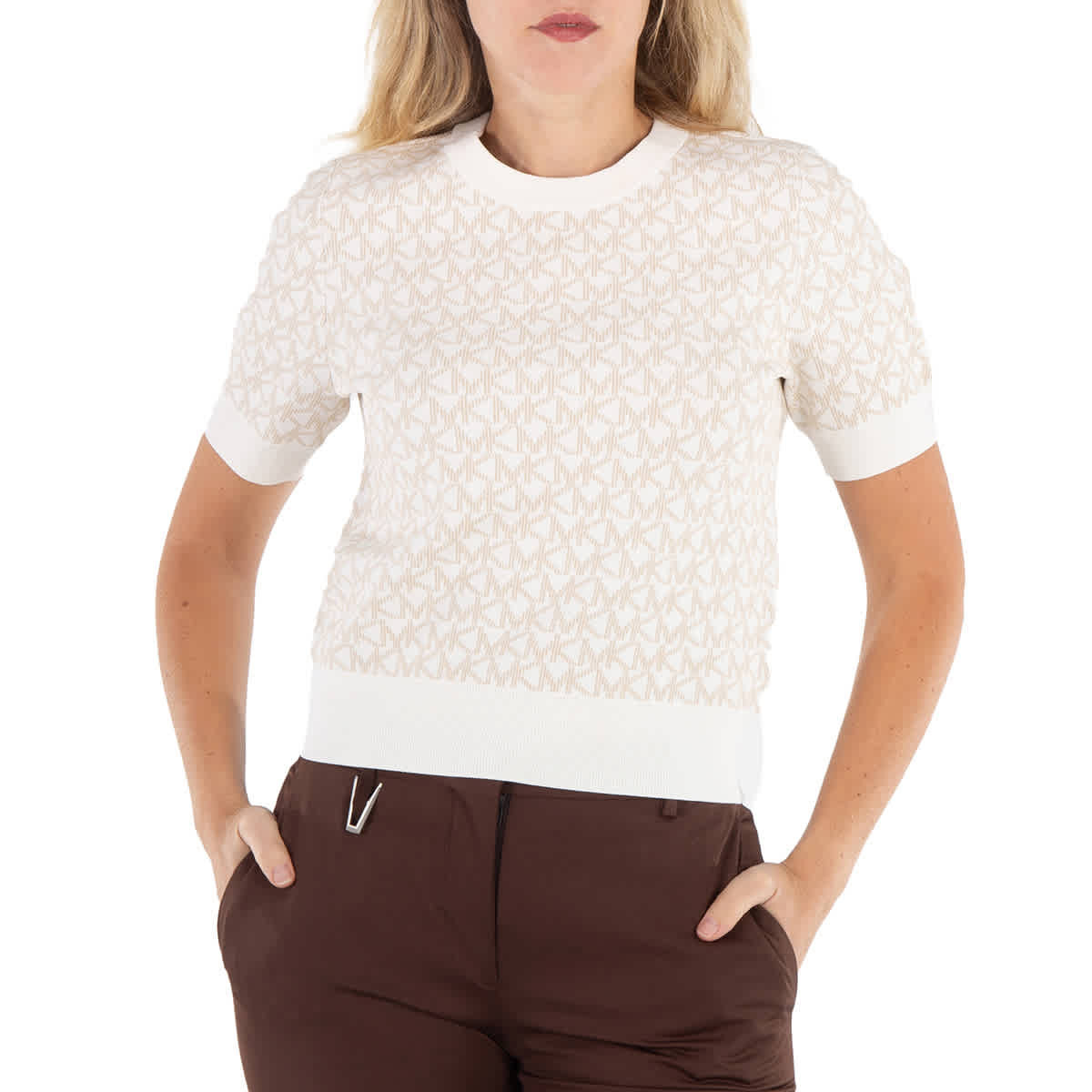 Michael Kors Ladies Bone Logo Jacquard Short-Sleeve Sweater | Shop Simon