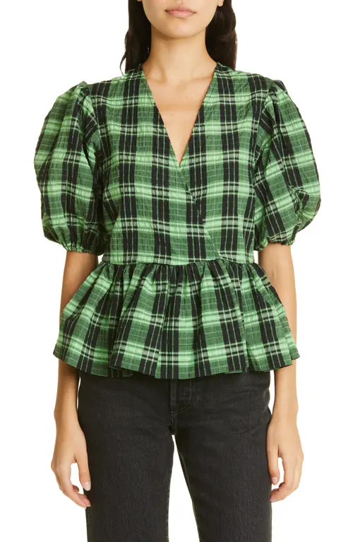 Ganni Plaid Seersucker Surplice Peplum Top in Peapod at Nordstrom, Size 8-10 Us | Nordstrom
