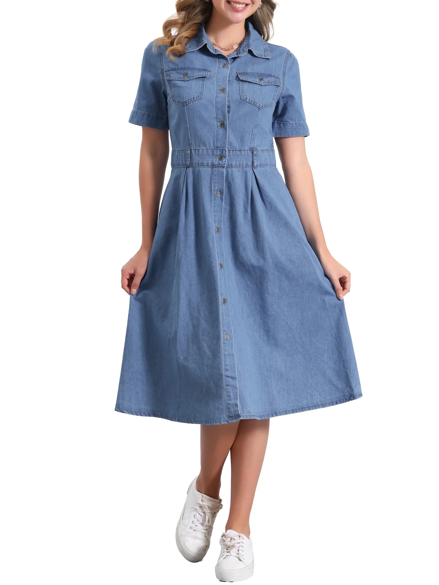 INSPIRE CHIC Women's Denim Dress Short Sleeves Turndown Collar A-Line Button Up Jean Midi Dresses... | Walmart (US)