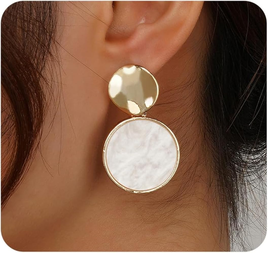 14K Gold Geometric Teardrop Earrings for Women, Chunky White Acrylic Round Dangle Statement Earri... | Amazon (US)