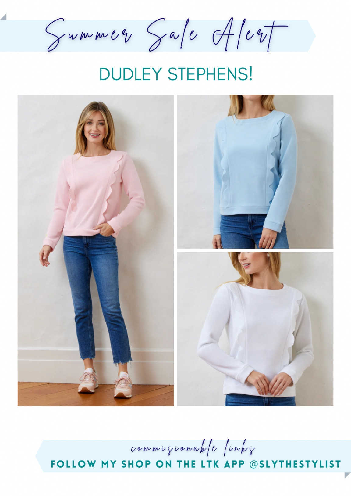 My FAVORITE top from the Dudley Stephens summer warehouse sale is this darling scalloped crew neck sweater with scalloped detailing in Terry Fleece. At only $39 this is a steal! Comes in pale blue, light pink, and white.

#LTKSeasonal #LTKsalealert #LTKunder50
