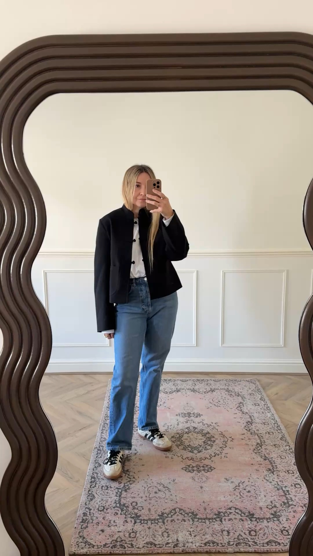 This jacket 🖤😍 more of a wearable  length than the designer one and fully stocked for now!
.
Wearing my usual size, could have gone down one for a closer fit. 
.
Ss26 trends, mandarin style jacket, Pankou buttons, black blazer 

#LTKspring #LTKuk #LTKstyletip