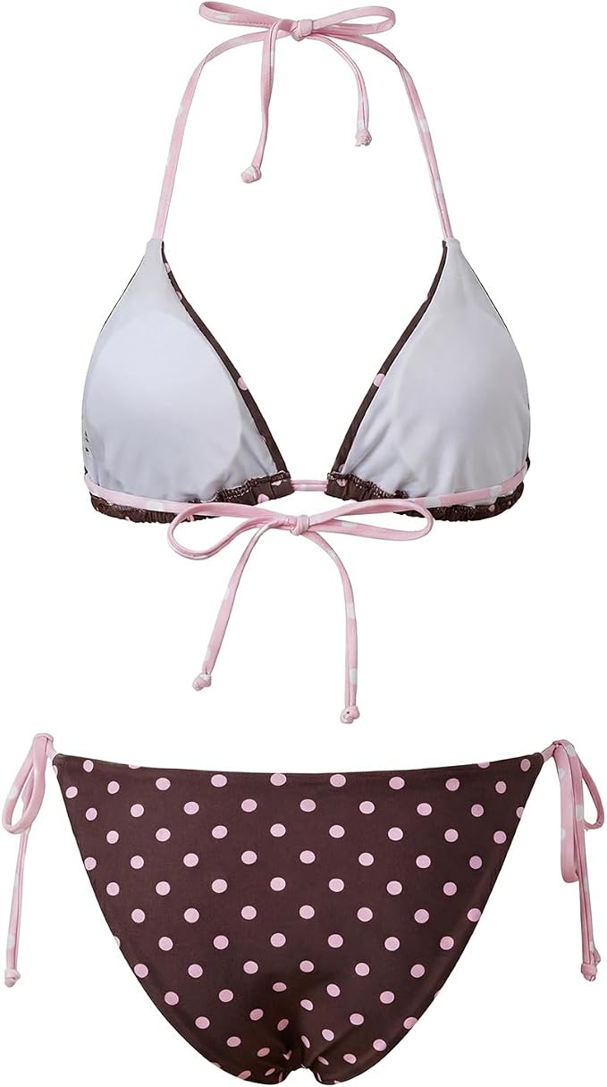 Edhomenn Womens String Bikini Set Two Piece Polka Dot Print Cute Swimming Costume Halter Tie Neck... | Amazon (UK)