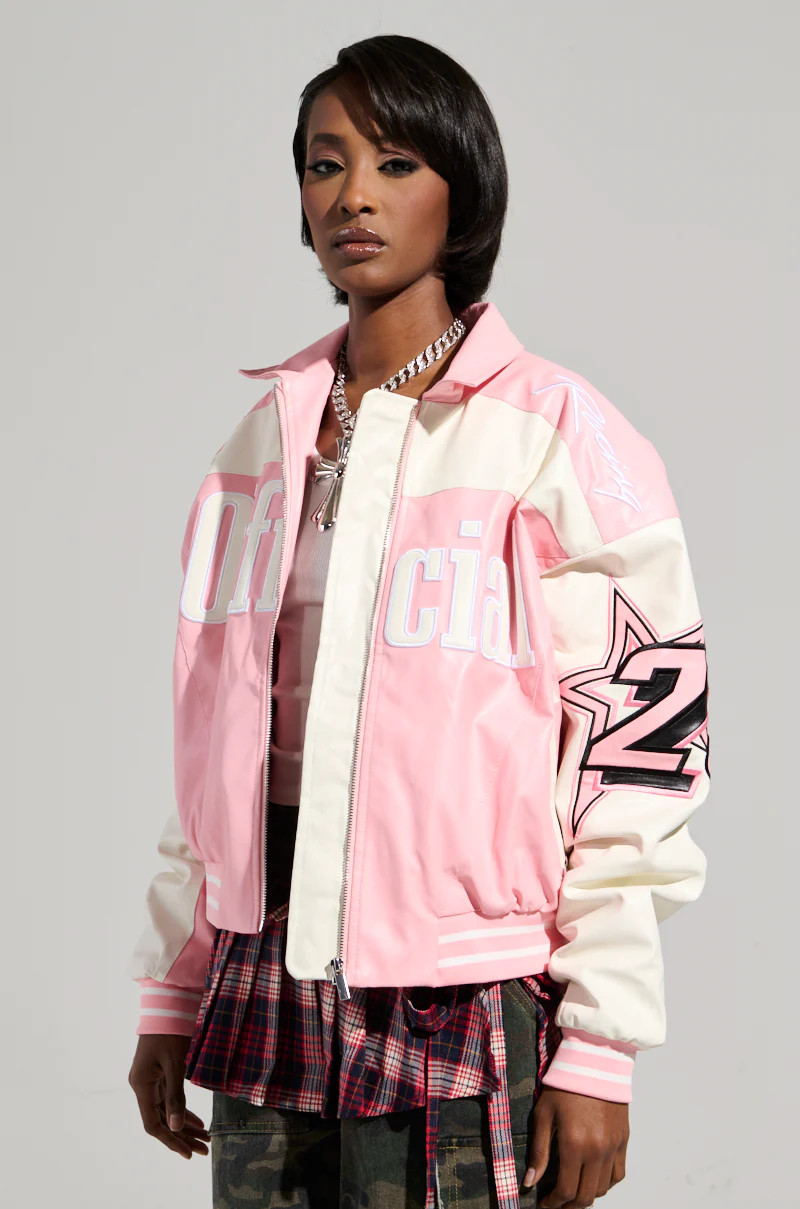 KEEP IT MOVING MOTO BOMBER IN LIGHT PINK | AKIRA