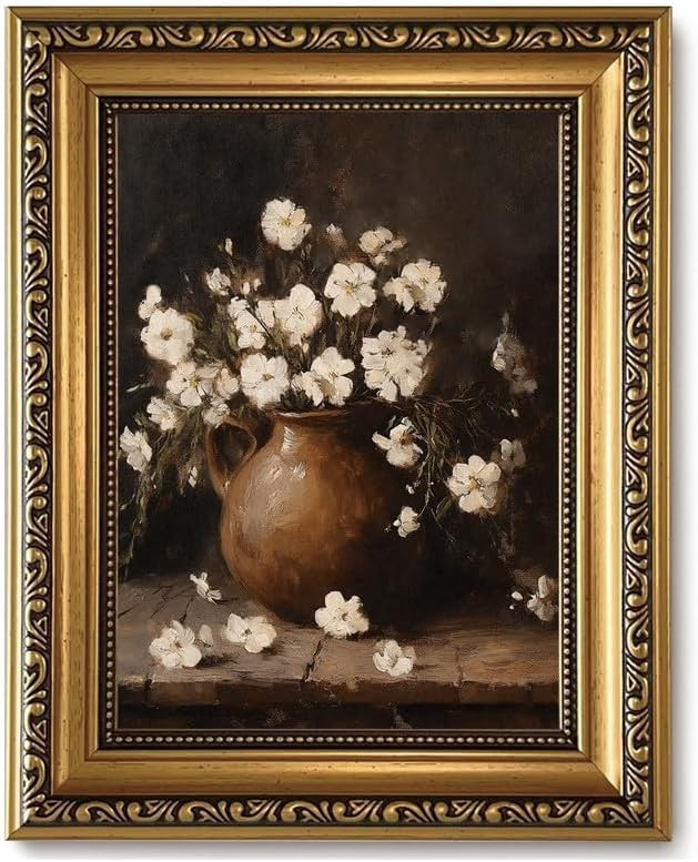 Vintage Gold Framed Wall Art White Floral in Vase Still Life Canvas Print | Amazon (US)