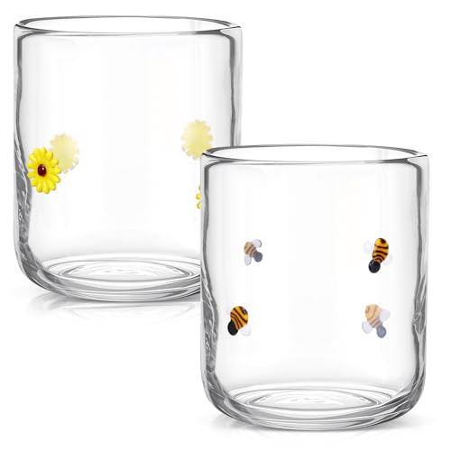 SiliFine Sunflower & Bee Icon Juice Glasses, 14oz Stemless Wine Drinking Juice Glass Cup for Spring Summer Party Supplies Gift | Amazon (US)
