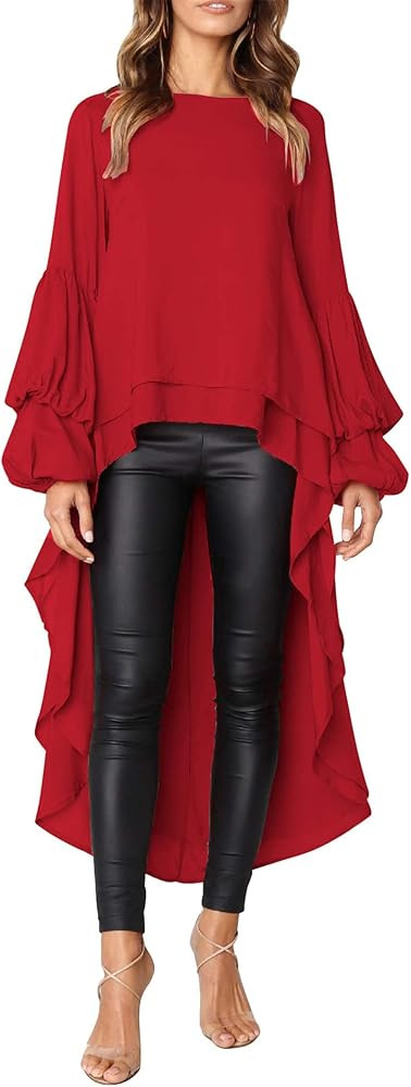 PRETTYGARDEN Women's Lantern Long Sleeve Round Neck High Low Asymmetrical Irregular Hem Casual To... | Amazon (US)