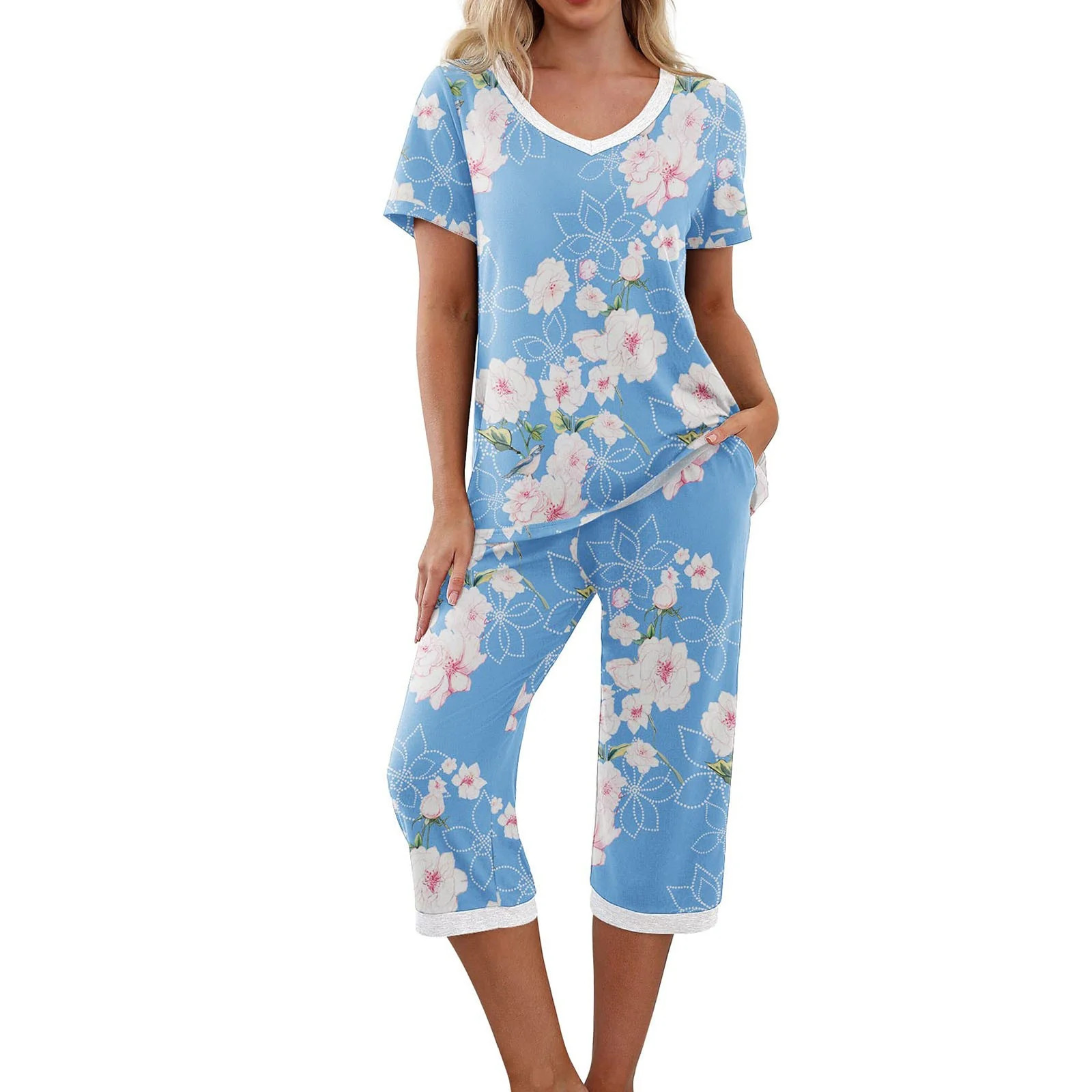 qucoqpe Comfy Lounge Sets for Women Short Sleeve V-Neck Tops and Floral Print Wide Leg Pants Loos... | Walmart (US)