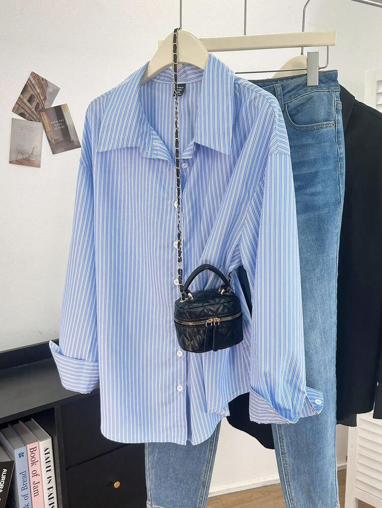 Franclia Plus Size Striped Casual Woven Shirt, Autumn/Winter Baby Blue Shirt Stripe Shirt Blue And White Shirt Blue Striped Shirt Light Blue Blouse | SHEIN