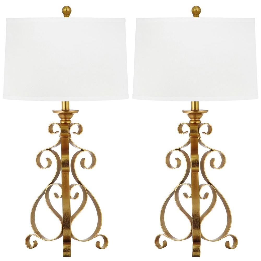 Safavieh Scroll Sculpture 31.5 in. Antique Gold Table Lamp with White Shade (Set of 2) | The Home Depot