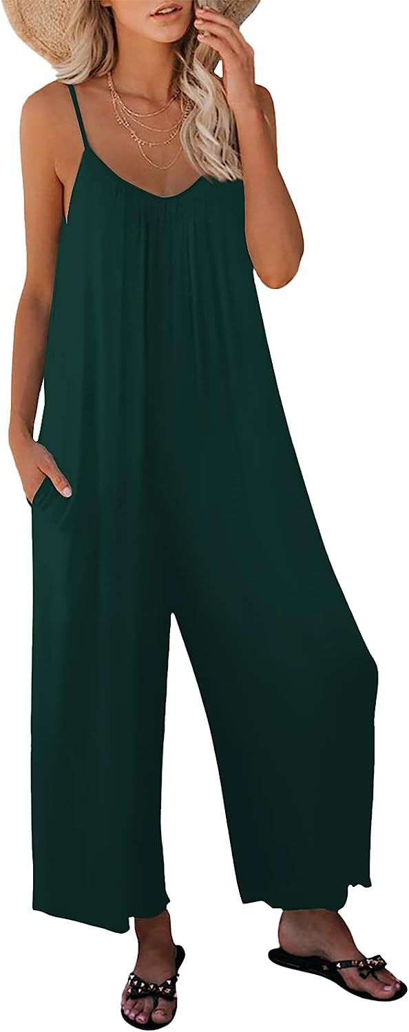 Amazon.com: SNUGWIND Womens Casual Sleeveless Strap Loose Adjustable Jumpsuits Stretchy Long Pants R | Amazon (US)