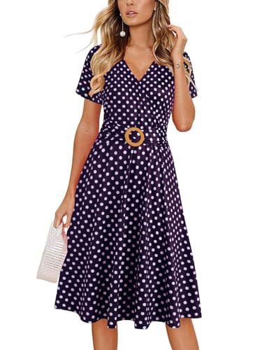 Polka Dots Dresses for Women Petite Elegant Criss-Cross V Neck Work Vintage Fit and Flare Casual Tea A-Line Dress with Pockets 980 Purple Dot M | Amazon (US)