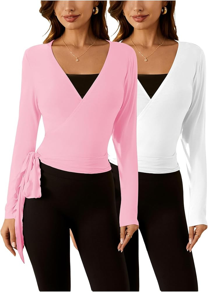 SweatyRocks Women's 2 Pack Yoga Shirts Wrap Ruched Tie Front Long Sleeve Workout T Shirts | Amazon (US)