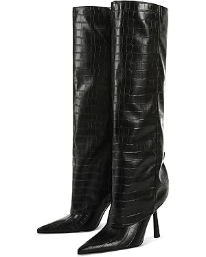 Oiamenne Knee High Boots Women's Fold Over Boots Pointed Toe Stiletto Heel Tall Boots Slip On Sex... | Amazon (US)