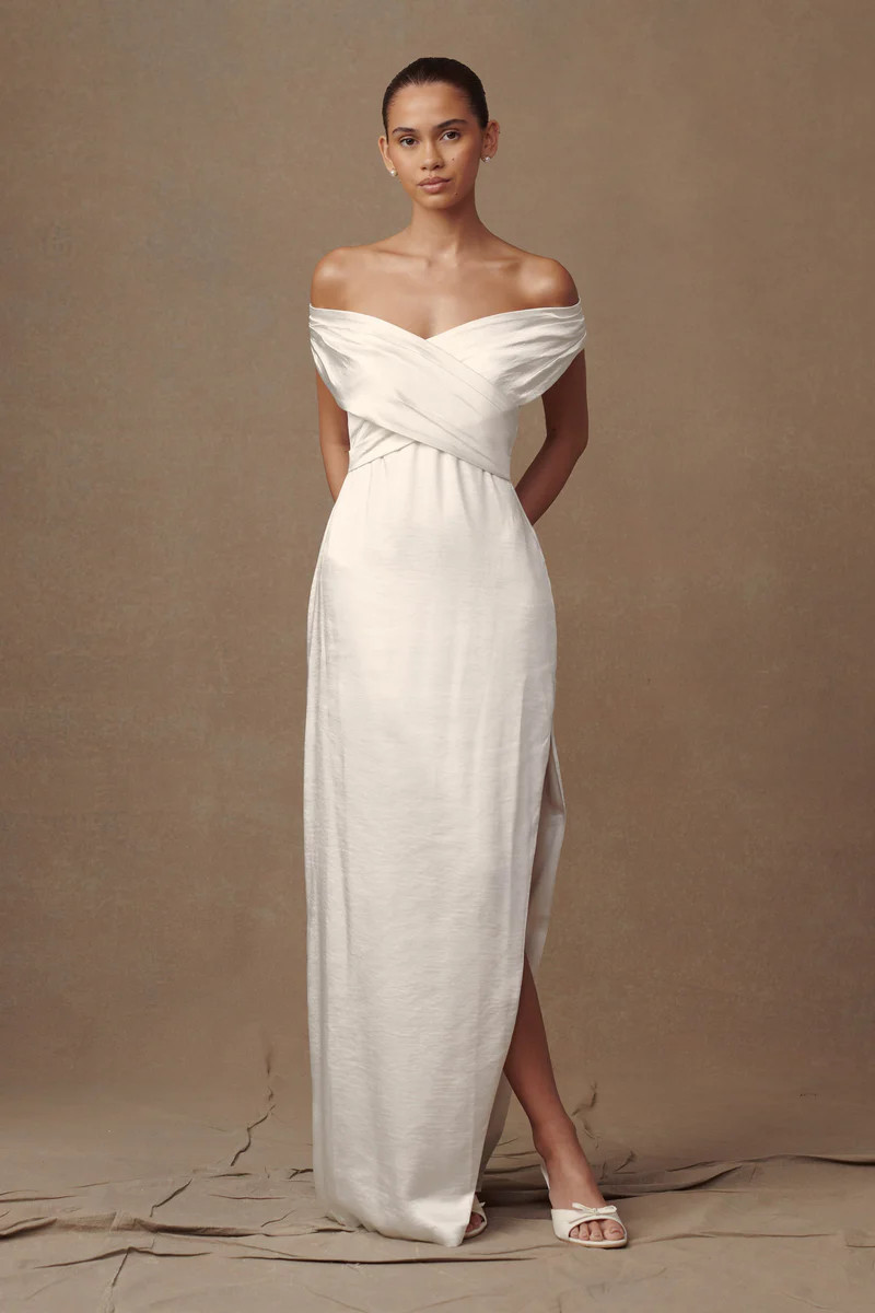 Harley Off Shoulder Satin Maxi Dress - Ivory | MESHKI US