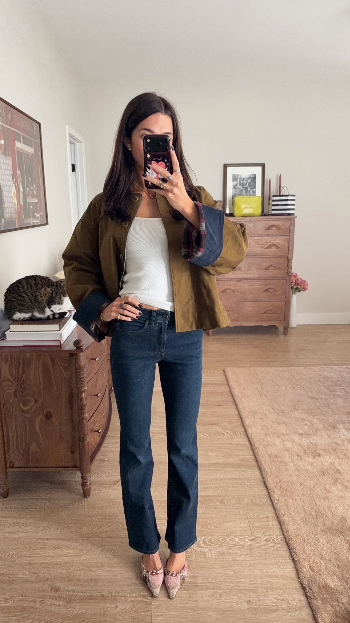 Fall outfit! XS in tank (linked similar) 24 in jeans and S barn jacket! TTS heels