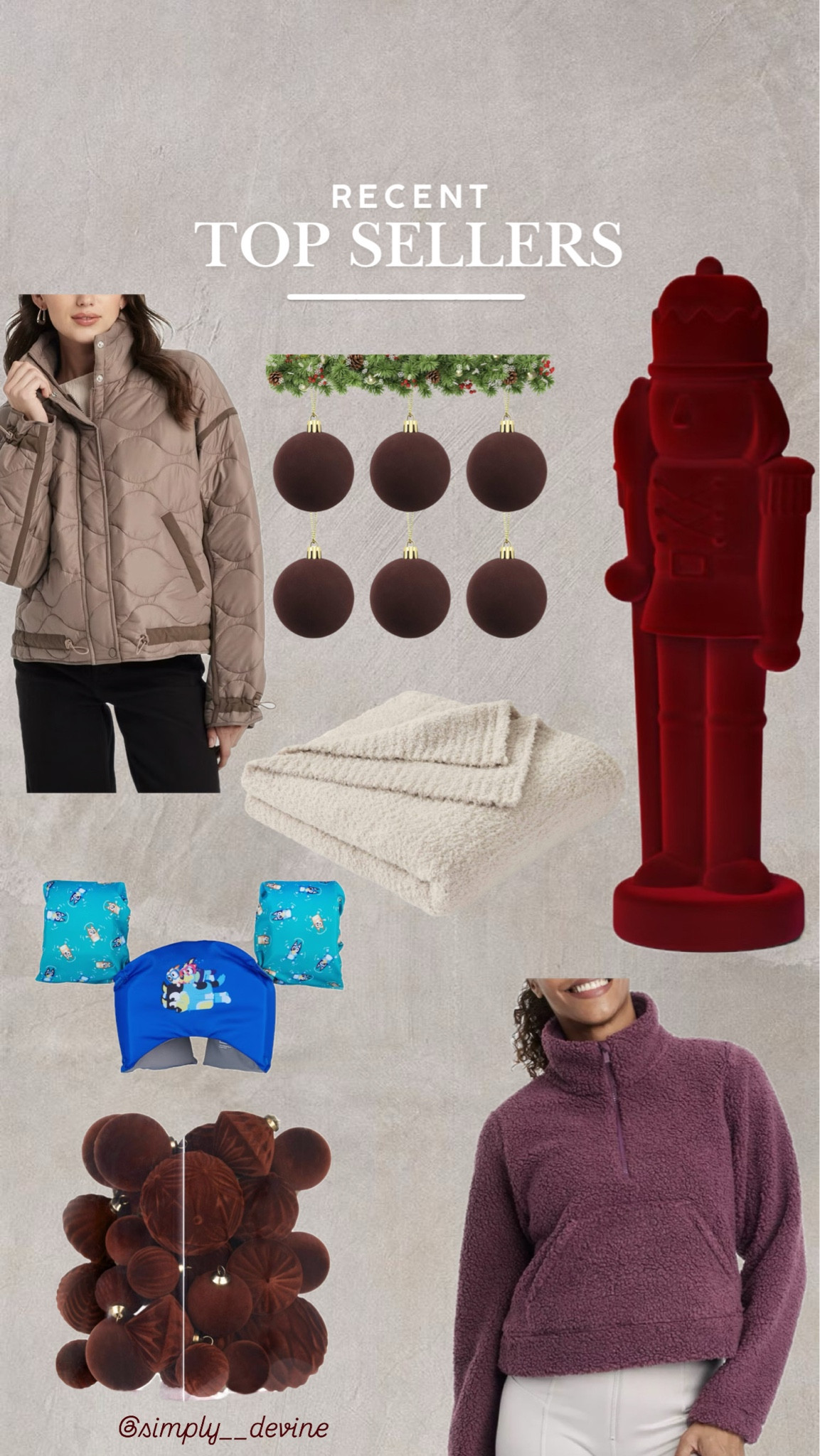 Best sellers. Velvet ornaments. No shatter ornaments. Brown jacket. Christmas decor. Coast card approved floatie. Burgundy fleece. Blanket. 