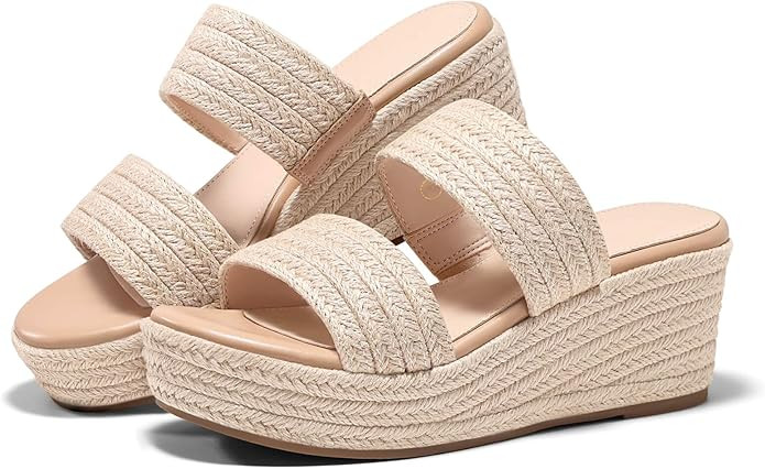 Coutgo Womens Platform Wedge Sandals Espadrille Raffia Heeled Slides Open Toe Two Band Beach Vaca... | Amazon (US)