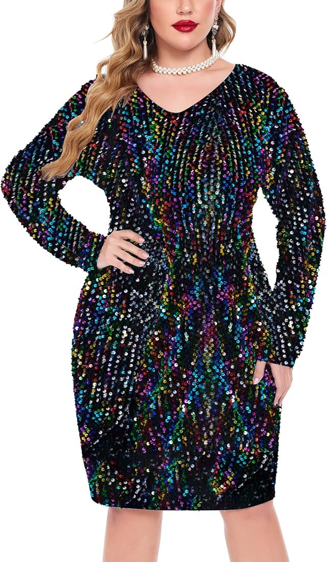 IN'VOLAND Womens Sequin Dress Plus Size V Neck Party Cocktail Sparkle Glitter Evening Stretchy Mini  | Amazon (US)