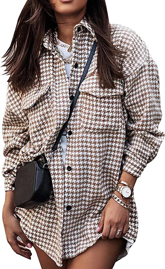 Yimoon Women’s Long Sleeve Button Down Houndstooth Shacket Jacket | Amazon (US)