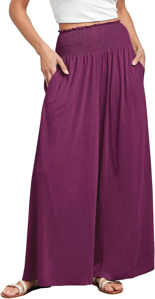 ANRABESS Women Palazzo Pants Summer Boho Bagyy Wide Leg High Smocked Waist Casual Loose Lounge Pa... | Amazon (US)