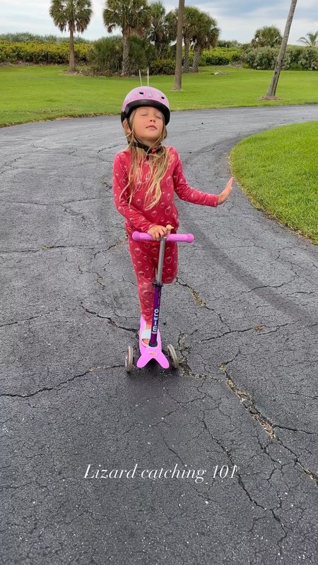 Lizard hunting uniform - Strawberry pajamas, Pink scooter, Minnie slides, and a Unicorn helmet! 😂 I linked all of the items below! 

kids l girls fashion l girls l outfit l girls outfit l pajamas 

#LTKkids