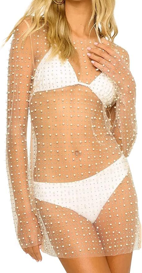 MISSACTIVER Women Sexy Pearl Rhinestone See Through Bikini Cover Ups Sheer Mesh Crewneck Long Sle... | Amazon (US)