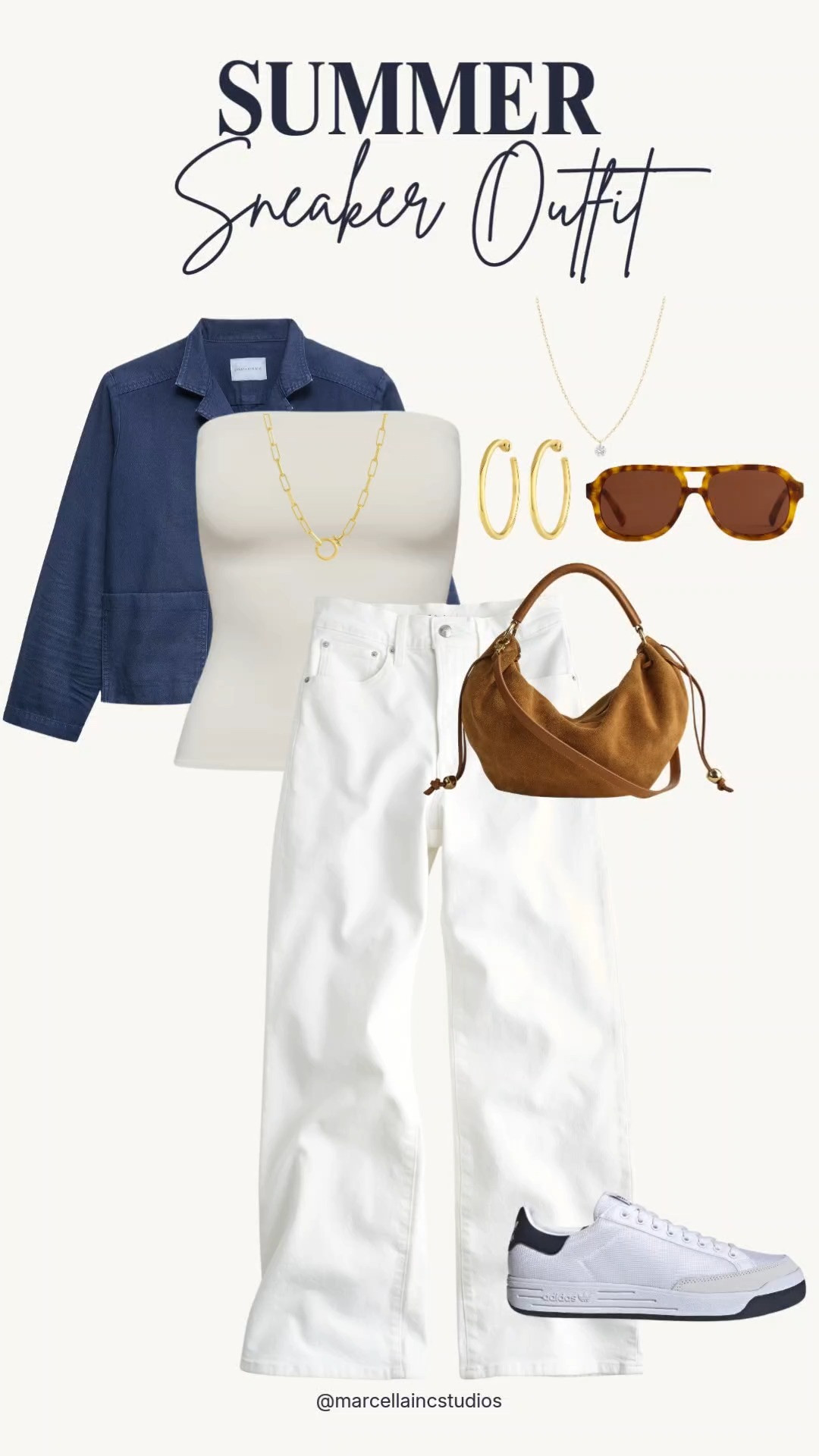 Summer Sneaker Outfit: White Wide Leg Jeans & Tube Top 🤍✨
Comfortable casual summer sneaker outfit featuring white wide leg jeans and a classic cream tube top. All about the neutrals. Layered with a lightweight navy blue button down shirt jacket with adidas Rod Laver (no one is wearing and you should!)

Complete the look withslouchy brown crescent shoulder bag, gold hoop earrings, and tortoiseshell aviator sunglasses.

Fit & Sizing: The white denim and tube top fit true to size. Men's sizing for Rod Laver so be sure to check what your size is.

#LTKstyletip #whitewidelegjeans #tubetop #adidassneakers #summeroutfit #rodlaver#sneakeroutfit #summeroutfit

#LTKootd #LTKSeasonal #LTKOver40