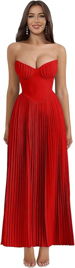 Strapless Bridesmaid Dresses for Women Long A-Line Ruched Satin Prom Formal Wedding Guest Dress | Amazon (US)
