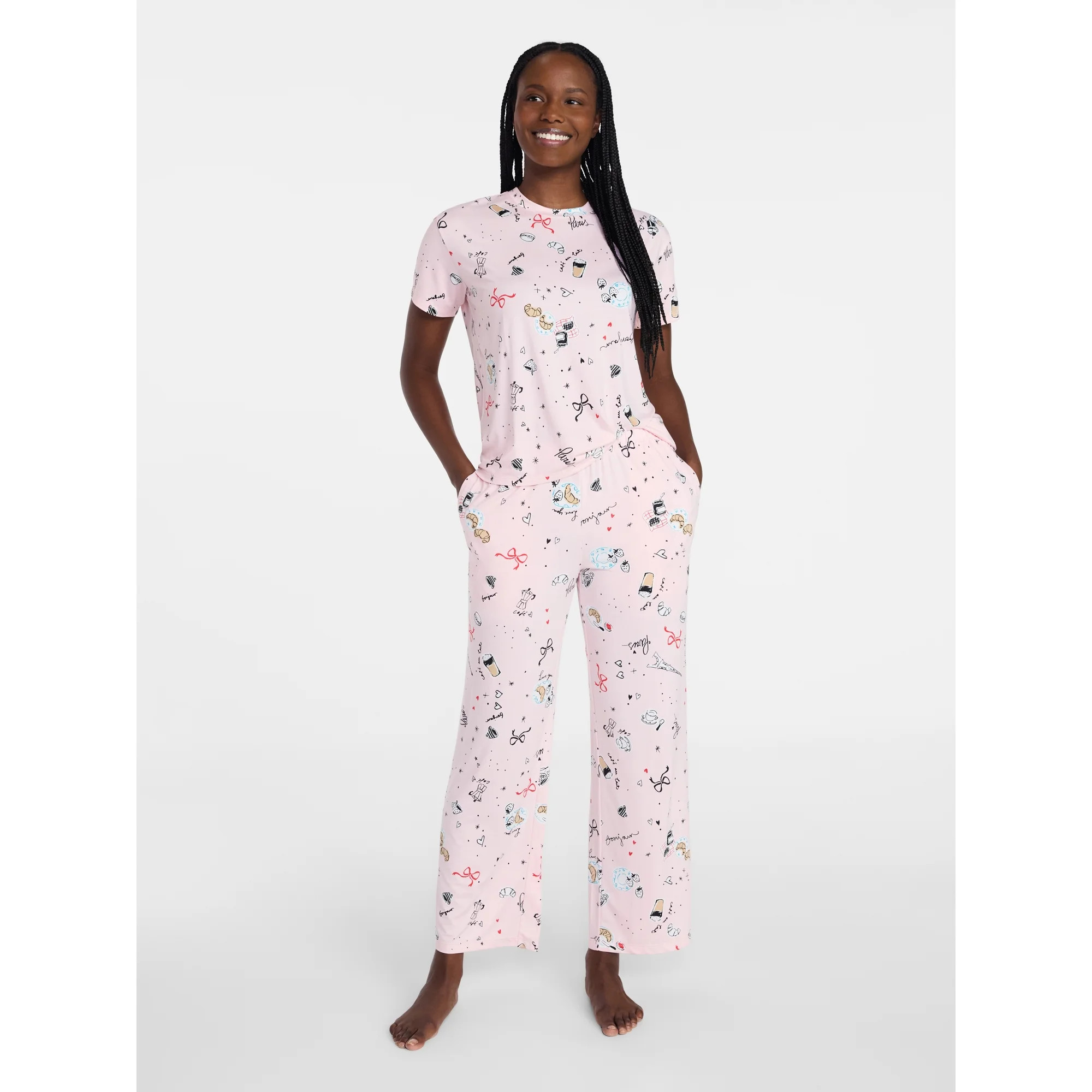 Joyspun Women's Dreamy Soft Collection Short Sleeve Sleep Top and Open Leg Pants Pajama Set, 2-Pi... | Walmart (US)