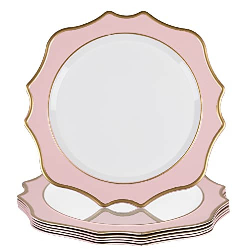 MAONAME 13" Pink Charger Plates Set of 6, Round Chargers for Dinner Plates, Scallop Plate Chargers with Gold Rim, Plastic Charger for Table Setting, Wedding Decor | Amazon (US)