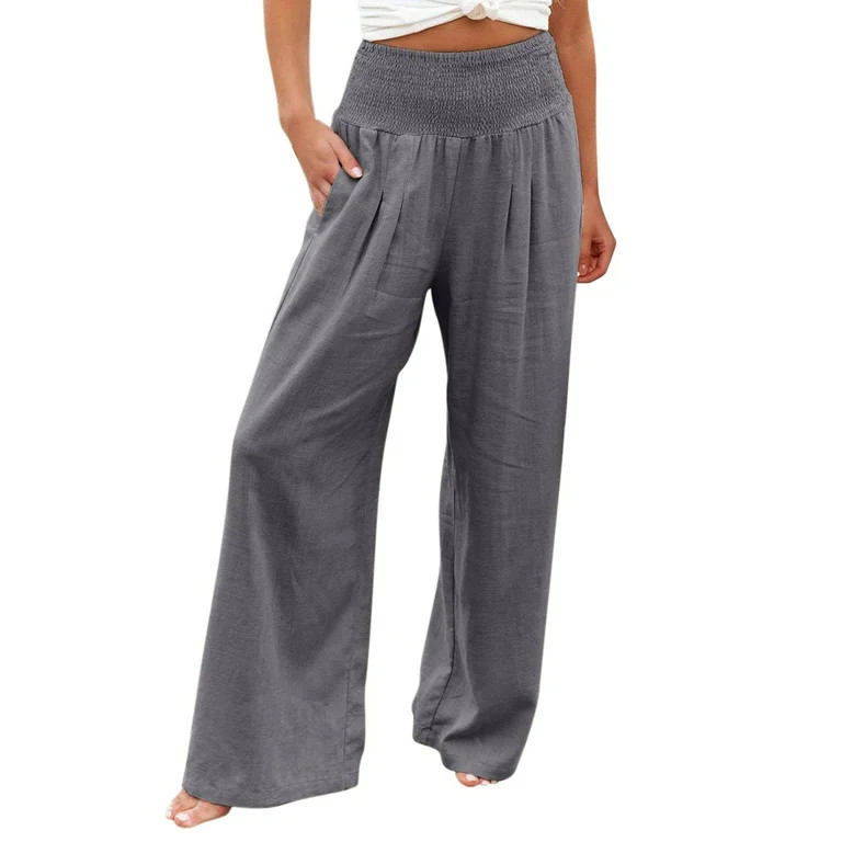 Women Cotton Linen Pants Elastic Waist Ankle Length Pants Lounge Pant Trousers with Pocket | Walmart (US)
