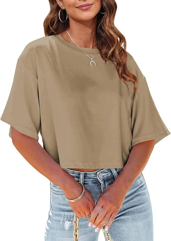 Tankaneo Women Half Sleeve Cropped T-Shirts Drop Shoulder Round Neck Crop Tops Casual Summer Soli... | Amazon (US)